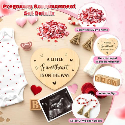 13Pcs Valentine Pregnancy Announcement Set - Coming Soon Baby Announcements Ideas Include Wooden Sign Beads Garland Wood Blocks Sponge Pregnancy Reveal Photo Props for Grandparents Dad Husband Family - color: Red and Pink