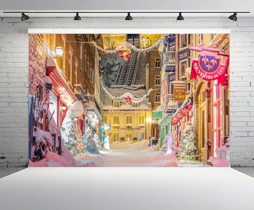 6x4ft Christmas Street Backdrop Europe Snowy Street Shop Christmas Trees Balls Background New Year Xmas Eve European Travel Birthday Party Decoration Portrait Photo Studio Booth Props - size: 6x4FT