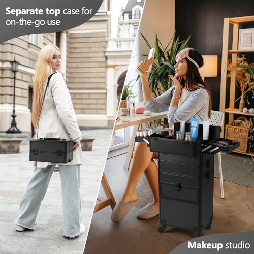 Somduy 4 in 1 Rolling Makeup Case on Wheels with Drawer and Professional Cosmetic Organizers for Salon Barber - Bright Black - color: Bright Black