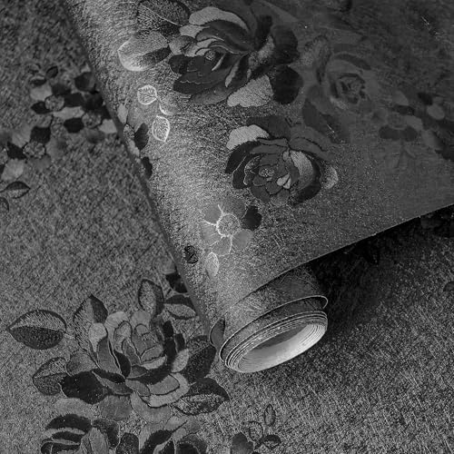 Black Peel and Stick Wallpaper Silk Embossed Floral Contact Paper for Cabinets Drawer Furniture Textured Flower Removable Wallpaper for Kitchen Bathroom Waterproof Thicken Vinyl 512inL 17.7inW - color: Black, size: 17.7" x 511"