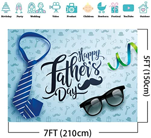 7X5FT Happy Father's Day Backdrop Necktie and Glasses Blue Backdrops Photo Studio Prop Backdrop Father's Day Party Supplies Decorations Banner Photography Background DH-404 - size: 7X5FT