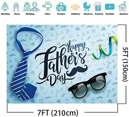 7X5FT Happy Father's Day Backdrop Necktie and Glasses Blue Backdrops Photo Studio Prop Backdrop Father's Day Party Supplies Decorations Banner Photography Background DH-404 - size: 7X5FT