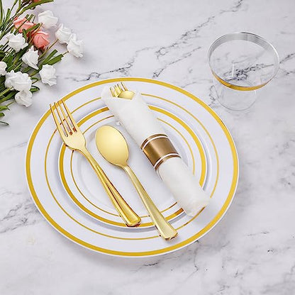 Goodluck 100 Pack Pre Rolled Gold Plastic Silverware, Wrapped Plastic Cutlery Set with Napkin Include 100 Forks, 100 Knives, 100 Spoons and 100 Napkins, Disposable Silverware for Party, Wedding - size: 100pc, style: Gold