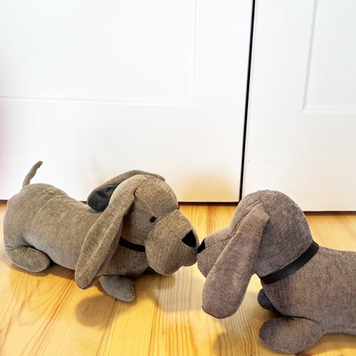 WHW Whole House Worlds Weighted Puppy Dog Door Stoppers, Set of 2, Floppy Ears, Brown Grey, Black Noses, Long Daschund Tummies, Tails Up, Chenille Polyester, 15 Inches - color: Puppy Dog Door Stoppers, Set of 2,