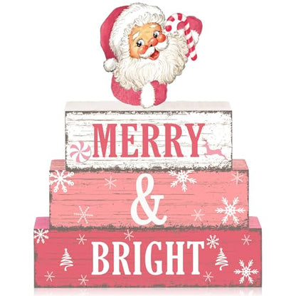 Geelin 4 Pcs Christmas Wooden Tabletop Decor Pink Winter Santa Tiered Tray Decor Christmas Centerpiece Rustic Decorative Block Signs Gift Farmhouse Table Decoration for Home Kitchen - style: Santa
