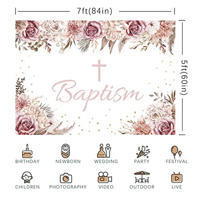 God Bless Backdrop for Girl's Baptism Boho Flowers Bohemia Decorations Photohraphy Background Blush Pink Floral First Communion Party Baby Shower Backdrops Banner Photo Booth Props 7x5ft