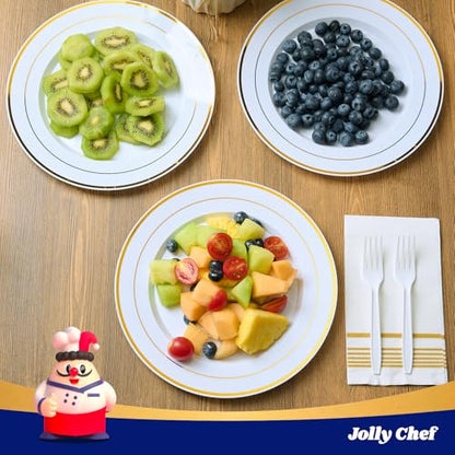 JOLLY CHEF 200 Pieces Gold Plastic Plates, 10 Inch Elegan Disposable Plates White Plate with Gold Rim,Plastic Plates for Christmas、Birthdays and Weddings - style: Gold-200
