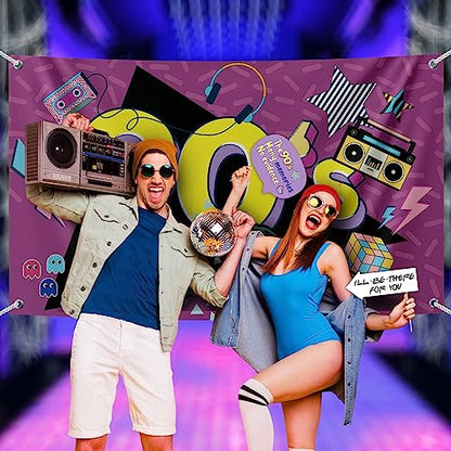 90s Party Decoration Kit - Includes Photography Backdrop & 10 Studio Selfie Photo Booth Props with Sticks - 90's Retro Style Hip Hop Theme Studio Background Banner Supplies - size: 90s