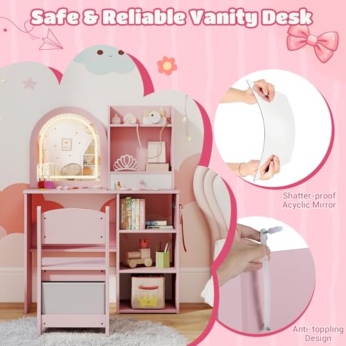 Costzon Kids Vanity with Lights, Girls Vanity Set with Mirror, Storage Drawer, Hooks & Shelves, Toddler Makeup Vanity Desk Dressing Table, Wooden Kids Vanity Table and Chair Set (Pink) - style: Pink with Open Shelves