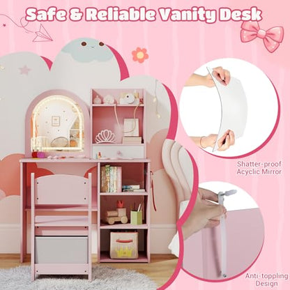 Costzon Kids Vanity with Lights, Girls Vanity Set with Mirror, Storage Drawer, Hooks & Shelves, Toddler Makeup Vanity Desk Dressing Table, Wooden Kids Vanity Table and Chair Set (Pink) - style: Pink with Open Shelves