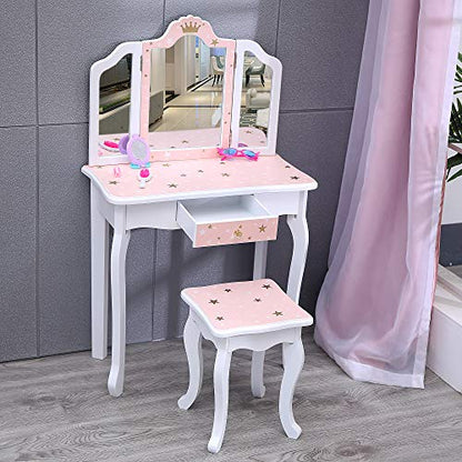 Nromant Kids Vanity Table and Chair Set, Girls Vanity Set with Stool, Tri-Folding Mirror, Dressing Table with Drawer for Little Girls (Pink) - color: Pink