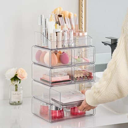 Vtopmart 5 Tier Clear Makeup Organizer with Drawer, Cosmetic Storage for Dresser Countertop and Bathroom Vanity, Beauty Holder for Lipstick Brush Skincare - style: 5 Tier (2 Sizes Drawer)