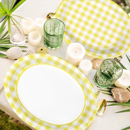 50Pcs Yellow Gingham Oval Paper Plates 10"x12" Large Yellow and White Buffalo Checkered Plaid Plates Disposable Heavy Duty Gingham Party Supplies for Picnic BBQ Baby Shower Birthday Party Decorations - style: 50Pcs Yellow Gingham Oval Plates