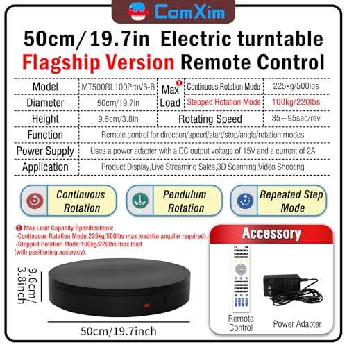 19.7In Remote Large Motorized electric turntable Rotating platform Photography Turntable Motorized lazy susan Base giratoria para for Photography,3D Scanner,Heavy duty display(Load Range:220~500lbs) - size: 19.7inch/Black/500Lbs Load