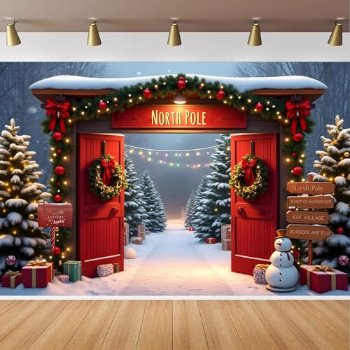 Christmas Photography Backdrop 7x5FT Winter Forest Wooden Barn Door North Pole Snowy Xmas Tree Background for Family Holiday Party Decorations North Pole Christmas Backdrops - color: Christmas Photography Backdrop