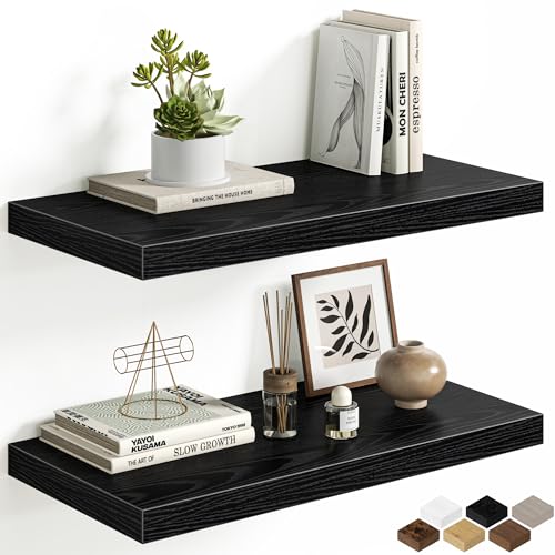 Black Floating Shelves for Wall, 24 Inch Floating Shelves Set of 2, Wall Mounted Rustic Wood Shelf for Bathroom, Living Room, Bedroom and Kitchen, Hanging Shelf for Storage, Books, Home Decor - color: Black, size: 24 Inch, Set of 2