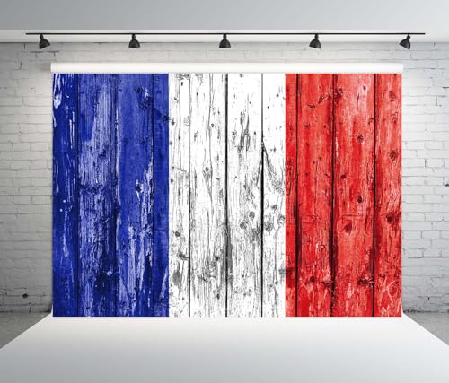 BELECO 15x8ft Fabric France Flag Backdrop Grunge Blue White Red Stripes Wooden Plank Texture Background French Theme Party Decorations Banner Photography Props - size: 15x8FT