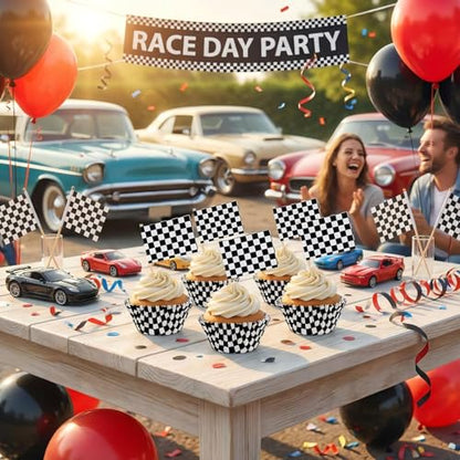 TecUnite 100 Pcs Race Car Checkered Flag Cupcake Wrappers Liners and 100 Pcs Cupcake Toppers Race Car Party Cake Decoration for Racing Checkered Theme Birthday Party (Black and White)