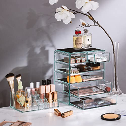 Sorbus Acrylic Makeup Organizer Set, 6-Drawer Vanity & Countertop Cosmetic Storage with Small & Wide Compartments, Teal Thrill Makeup Storage for Brushes, Jewelry – Holiday Gift for Women & Teens - color: Teal Thrill, size: 4 Large, 2 Small Drawers