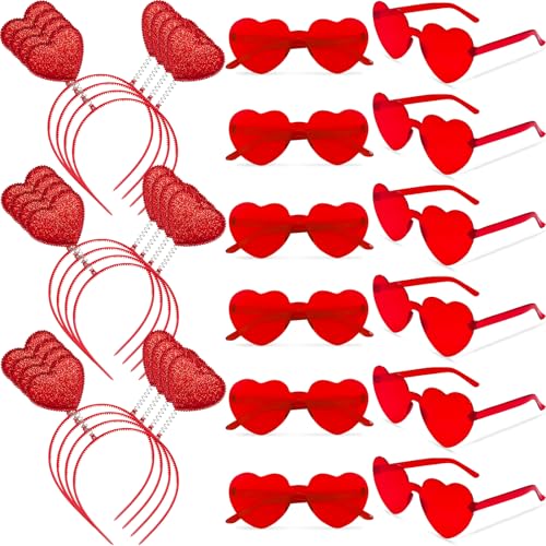 Zddaoole 24 Pcs Valentine's Day Heart Headband and Heart Shape Sunglasses,Red Romantic Head Bopper,Valentines Photo Prop Headbands for Wedding,Engagement,Anniversary,Birthday Party Favor