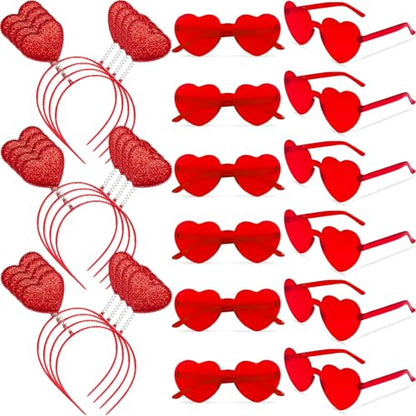 Zddaoole 24 Pcs Valentine's Day Heart Headband and Heart Shape Sunglasses,Red Romantic Head Bopper,Valentines Photo Prop Headbands for Wedding,Engagement,Anniversary,Birthday Party Favor