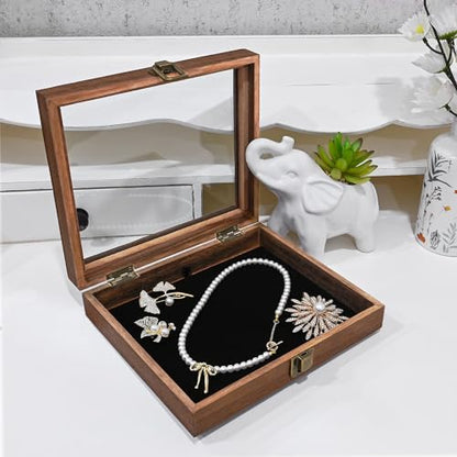 MOOCA Tempered-Glass Top Small Wooden Jewelry Display Case with Removable Black Luxurious Velvet Jewelry Display Pad, Deeper 2.2" Design for Collectibles, Brown Color. - color: Brown With Velvet Pad