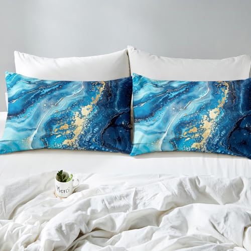 Erosebridal Blue Marble Fitted Sheet, Stone Pattern Fluid Bedding Set Twin for Kids Boys Teens Adult,Gold Glitter Abstract Marbling Bed Sheets Metallic Marble Texture Sheets,1 Pillow Case - color: Aqua Blue Gold, size: Twin