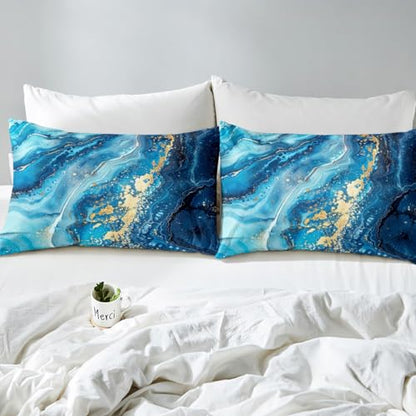 Erosebridal Blue Marble Fitted Sheet, Stone Pattern Fluid Bedding Set Twin for Kids Boys Teens Adult,Gold Glitter Abstract Marbling Bed Sheets Metallic Marble Texture Sheets,1 Pillow Case - color: Aqua Blue Gold, size: Twin