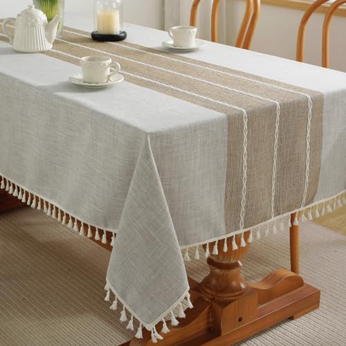 Alsoo Outdoor Table Cloth Rectangle Table, Waterproof Tablecloth Cotton Linen Wrinkle Free Rustic Tables Cover for Picnic Camping Party Kitchen Dining (Coffee Lines, 4-6 Seats, 55x75 Inches) - color: A-coffee Lines, size: 75" x 55" (Rectangular)