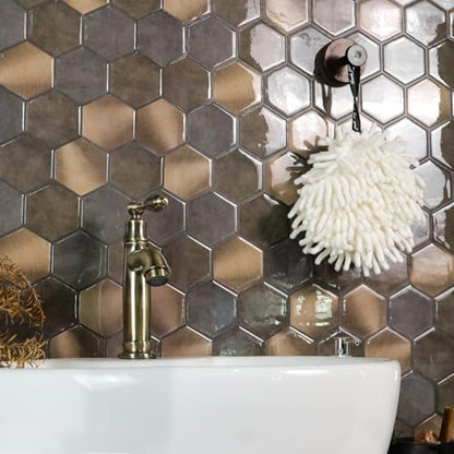 Peel and Stick Backsplash for Kitchen, New Upgrade Premium Hexagon Tile, Brown, Aluminum and PVC Composite Material, 10 Sheets 11.5" x 10" - color: Brown
