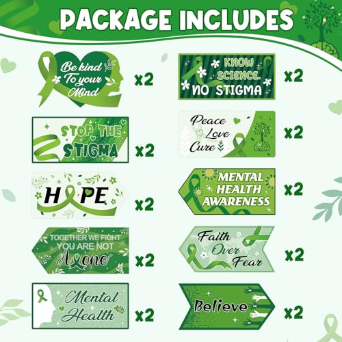 Hooqict 20 Pieces Mental Health Awareness Decorations Signs Motivational Inspirational Green Ribbon Party Directional Sign for Mental Health Awareness Month Therapy Counseling Office Decorations - style: Mental Health