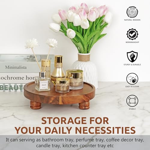 Demigo 10" Acacia Wood Round Tray - Decorative Plant Stand, Farmhouse Countertop Organizer, Multi-Purpose Display Pedestal, Riser Board for Soap, Perfume, Candles, Sponge, Bathroom, Kitchen