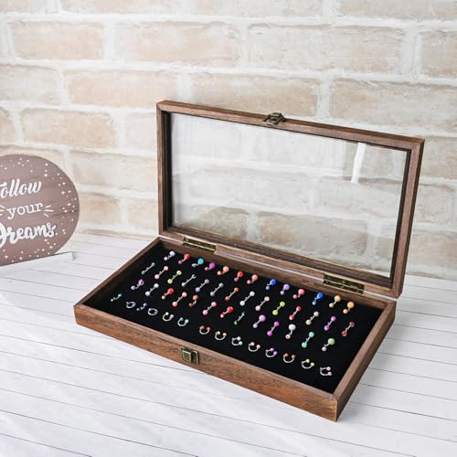 MOOCA Temper Glass Top Jewelry Display Case with Tempered Glass Lid and 54 Clip Body Jewelry Showcase Display Pad for Belly Button Rings, Tongue Rings, and Industrial Barbell Organizer, Brown Color - color: Black Pad with Brown Wood Case