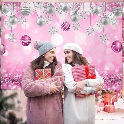 AIBIIN 7x5ft Winter Wonderland Backdrop Snowflake Pink Sliver Glitter Pearl Bokeh Photography Background Christmas Baby Shower Party Decoration Banner Snow Birthday Photo Studio Booth Props - size: 7x5ft