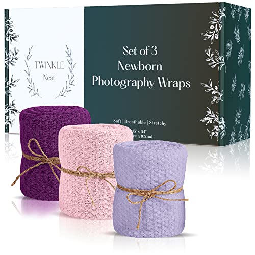Baby Wrap. Set of 3 Newborn Photography Wraps. Baby Swaddle or Blanket for Newborn Photography Props. Waffle Knit Wraps. Infant Photoshoot Props for Boy or Girl. - color: Magenta, Pink, Lilac