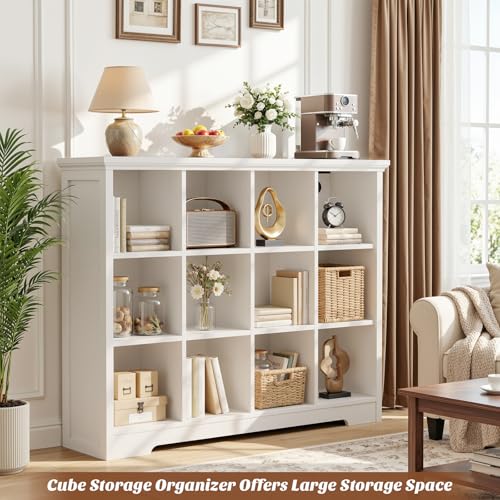 Aheaplus Wooden 12-Cube Storage Organizer with Charging Ports, Modern Cube Bookcase with Base, 4-Tier Floor Standing Open Cubbies Bookshelf, Cubicle Display Shelf for Home and Office, White - color: White, size: 12-Cube