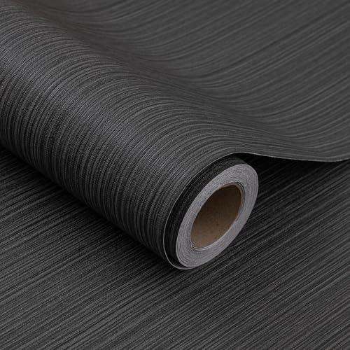 Black Grasscloth Wallpaper Peel and Stick Fabric Linen Textured 24"x394" Classic Faux Grassweave Upgraded Thick Self-Adhesive Neutral Contact Paper Vinyl Film Liner Roll for Home Use - color: gray black, size: 23.6" x 393"