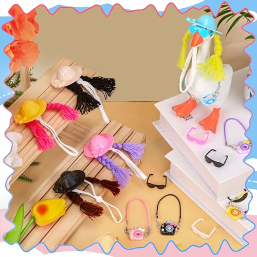 5 Sets Desk Goose Outfits Mini Hats with Braid Wig Glasses Camera Desk Goose Decor Thanksgiving Christmas Hat Accessory Headwear for 7 Inch Statue Key Holder