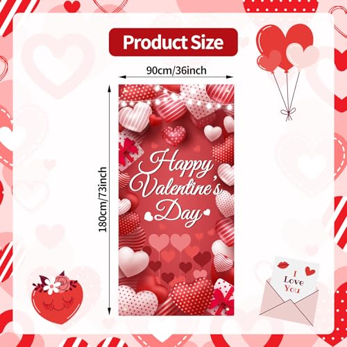 73 x 36 Inch Happy Valentine’s Day Banner Door Cover, Red Heart and Gift Box Themed Porch Sign, Large Front Door Wall Backdrop for Indoor Outdoor Romantic Party Decorations and Photo Booth Props