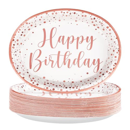 Grencian 50Pcs Pink Rose Gold Birthday Oval Plates 10" x 12" Large Heavy Duty Pink Dots Paper Plates Disposable 400GSM Tableware Dinnerware for Girls Women Rose Gold Birthday Party Decorations - style: Pink Rose Gold Oval Kit