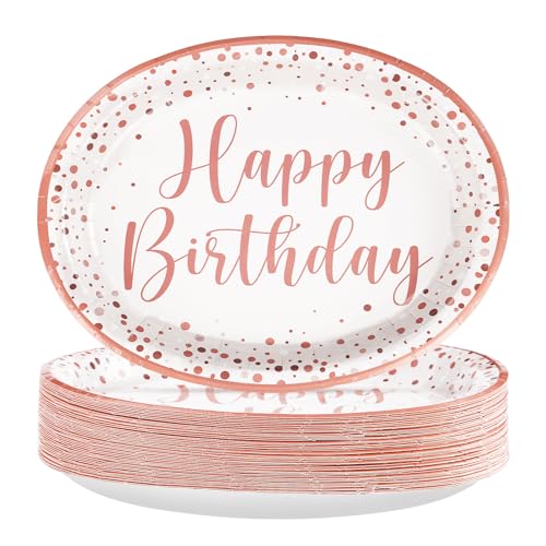 Grencian 50Pcs Pink Rose Gold Birthday Oval Plates 10" x 12" Large Heavy Duty Pink Dots Paper Plates Disposable 400GSM Tableware Dinnerware for Girls Women Rose Gold Birthday Party Decorations - style: Pink Rose Gold Oval Kit