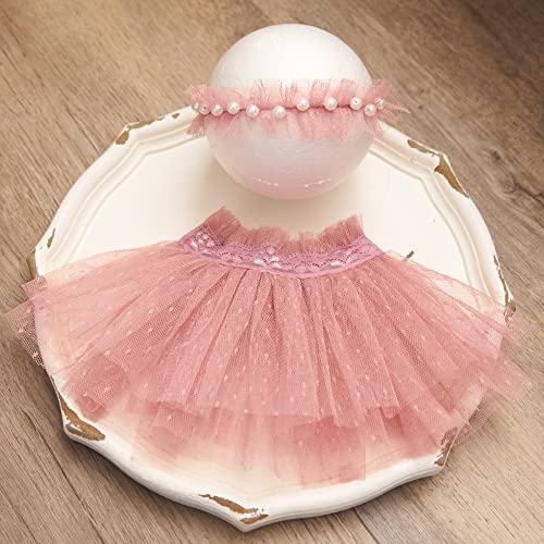 Newborn Baby Photography Props Outfits Girl Lace-Tulle Skirt Baby Girls Photo Prop Headdress for Newborn Girl Photoshoot - color: Dusty Pink