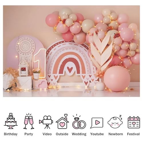 Fabric 10x8ft Girl 1st Birthday Party Backdrop Bohemia Rainbow Sweet One Pink Balloons Scene Photography Background Princess Girl First Birthday Baby Shower Banner Cake Smash Decorations - size: 10x8ft(WxH)