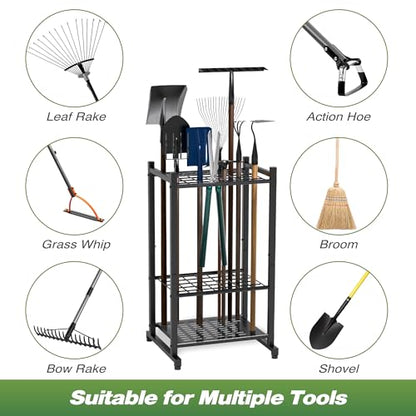 Garden Tool Organizer, Yard Tool Tower Rack for Garage Organization and Storage, Up to 35 Long-Handled Tools/Rakes/Brooms, Heavy Duty Steel Garden Tool Stand for Shed, Outdoor, Black - style: Rack