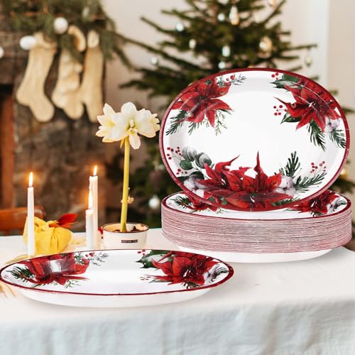 50 Pcs Christmas Oval Plates 10" x 12" Large Disposable 400 GSM Heavy Duty Red Poinsettia Floral Paper Dessert Plates Christmas Birthday Party Decorations for Festive Xmas Theme Dinner Party Supplies - style: Poinsettia Flower Oval Plate