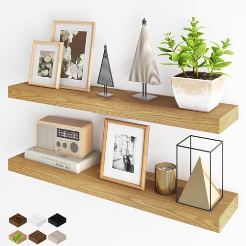 Fun Memories Floating Shelves for Wall, 36Inch Floating Shelves Set of 2, Hanging Shelf with Invisible Brackets, Bathroom Shelves for Living Room, Bedroom, Kitchen- Oak - color: Oak, size: 36"W x 6.5"D