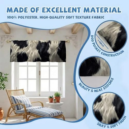 Cowhide Pattern Curtains, Two-Pack, Black White Rustic Farm Texture, Short Style, Suitable for Kitchen, Bathroom, Bedroom, 54x18 inches. - color: Cowhide