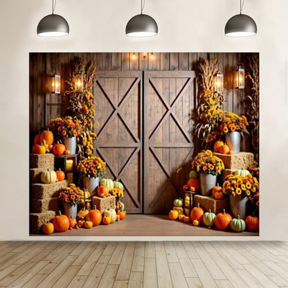 Fall Thanksgiving Backdrop 10x8ft Autumn Farm Rustic Barn Door Harvest Pumpkin Hay Photography Background Thanksgiving Party Decorations Banner Photo Studio Props