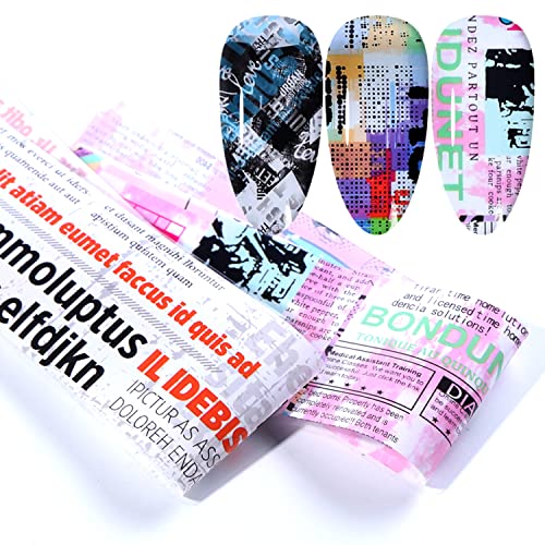 Newspaper Nail Foil Transfer Stickers English Letter Designs Nail Decals Supplies Set Acrylic Nails Sticker Decorations for Nail Transfer Glue Polish, Women DIY Manicure Accessories Set 10Sheets - style: Newparpe