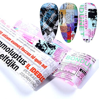 Newspaper Nail Foil Transfer Stickers English Letter Designs Nail Decals Supplies Set Acrylic Nails Sticker Decorations for Nail Transfer Glue Polish, Women DIY Manicure Accessories Set 10Sheets - style: Newparpe